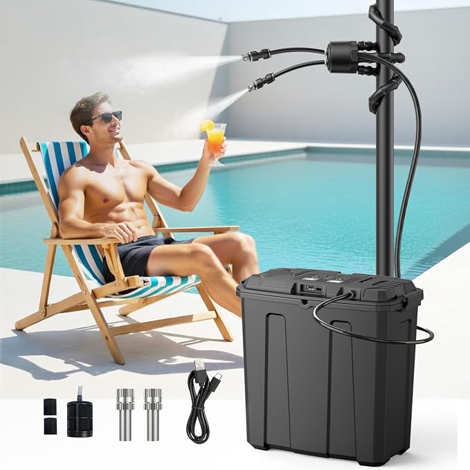 Ausic Portable Misting System, Battery Powered Outdoor Water Mister with 9L Bucket & Rechargeable Pump (Consecutive 8Hrs), Misters for Outside Patio Cooling, for Sports, Camping, Tailgating, Umbrella
