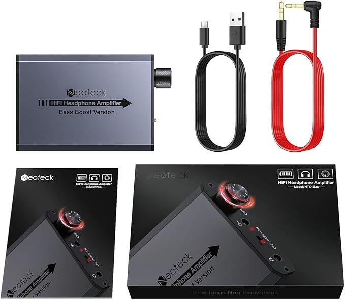 Neoteck 3.5mm Headphone Amp with Bass Boost Portable HiFi Headphone Amplifier, 16-300 Ohm, Aluminum Matte Surface for Mac, Phones, iPad, MP3, MP4 Computers PS4 PS5 Controller-Dark Grey