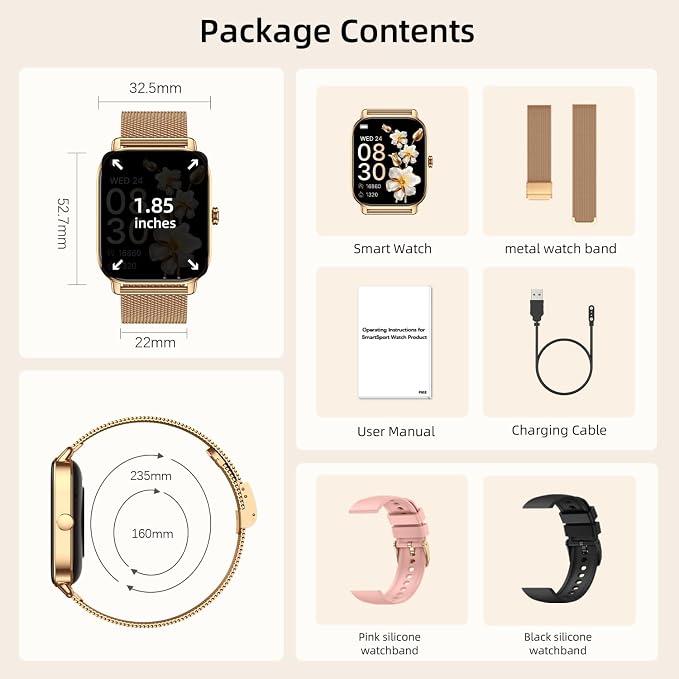 Smart Watch For Women Android/iPhone: Fitness Trackers Smartwatch 1.85" Bluetooth Calls Answer/Make IP68 Waterproof Womens Watches Activity Pedometer Heart Rate Monitor 130+ Sports Model 3 Bands