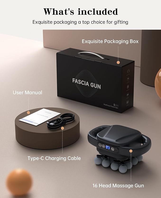 16 Head Massage Gun Deep Tissue, Back Massager for Athletes for Pain Relief, Multi Head Massage Gun with 3 Modes & 30 Intensities Silent Gifts for Men Women