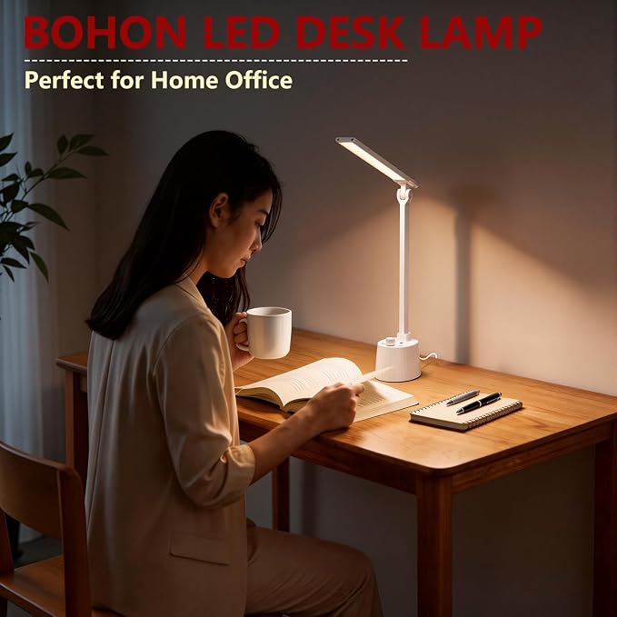BOHON Small Desk Lamp with USB C Charging Port, Stepless Dimming 5 Colors Reading Light, Space-Saving Rotating Head Desk Lamp for Home Office, Dorm, Bedroom, White