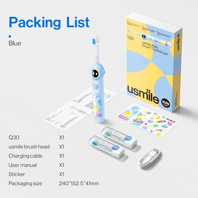 usmile Q30 Kids Electric Toothbrush 3+, Sonic Cleaning with Voice-Guided Brushing, USB-C Rechargeable, Ultra-Soft Brush Heads, IPX8 Waterproof (Blue)