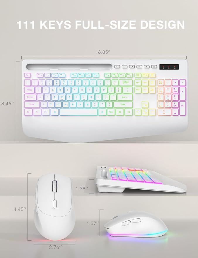 SABLUTE Wireless Keyboard and Mouse Combo, 9 Backlit Effects, Wrist Rest, Phone Holder, 2.4G Lag-Free Ergonomic Keyboards, KM22 MAX Rechargeable Silent Set for Computer, Laptop, Mac, Windows(White)