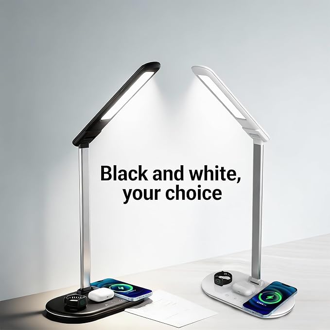 3-in-1 Wireless Charging Desk Lamp,15W Qi Fast Charger for Phone/Watch/Earbuds,Adjustable LED Light with 3 Colors & Stepless Dimming,Flexible Gooseneck,Touch Panel,HYT2096 White.