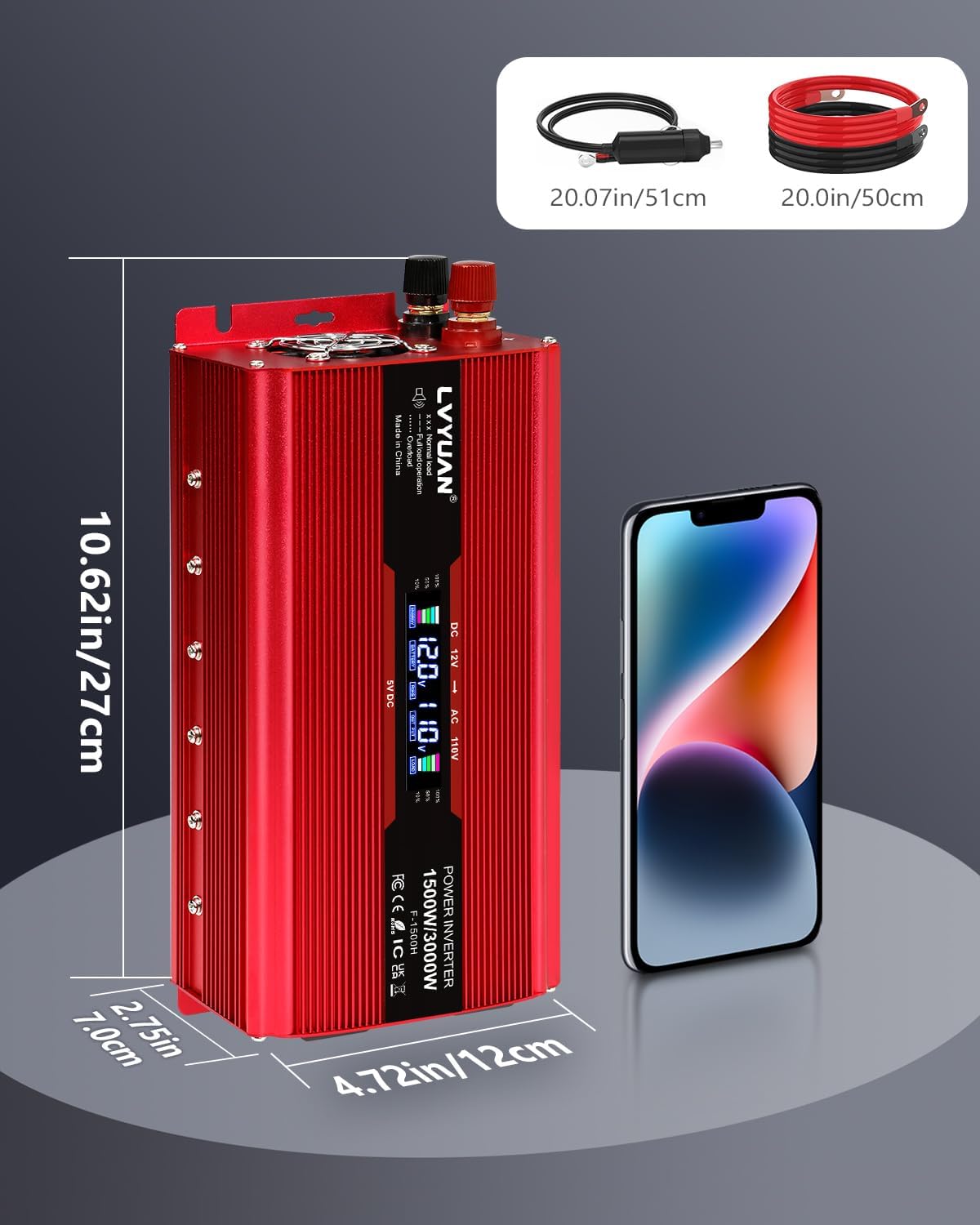 LVYUAN 1500W Car Power Inverter 12V to 110V DC to AC with 2 US Sockets, Cigarette Lighter, LCD Display, USB Ports for Car, Home, Truck, Outdoor, Camping