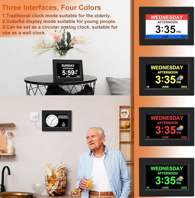 AINFTIME DST Digital Clock with Date and Day of Week for Elderly-12 Alarms Medication Reminder Dementia Alzheimers Clock Calendar with Extra Large Display (7 inch Black)