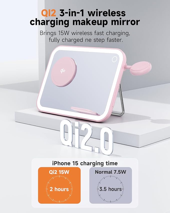 Tron 3 in 1 Qi Wireless Charger Mirror, Pink, Include led 6 ft Led Cable and 25w Power Adapter. Pink Color