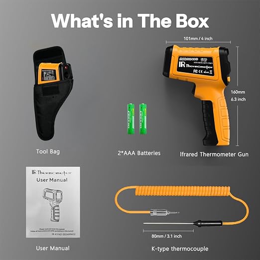 Infrared Thermometer Temperature Gun, 50:1 Dual-Mode Temp Gun -58°F to 1796°F with K-Type Thermocouple for Internal Readings, for Kilns, Industrial, and HVAC Applications