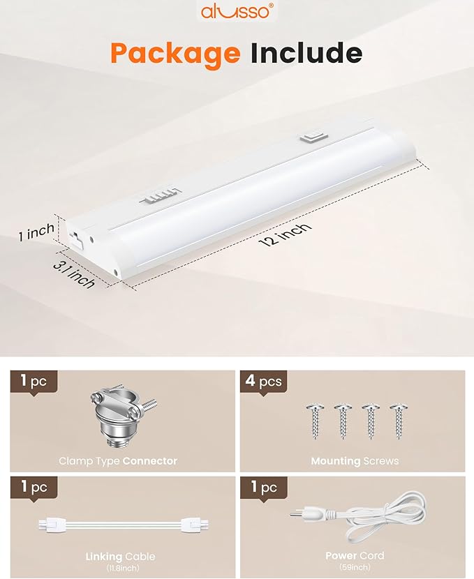 ALUSSO 12 Inch LED Under Cabinet Lighting Hardwired & Plug in 120V, 5CCT Color Selectable 2700K-5000K Dimmable 6W 510LM High Brightness, Strip Linkable Under Counter Lights for Kitchen Sink, 1 Pack