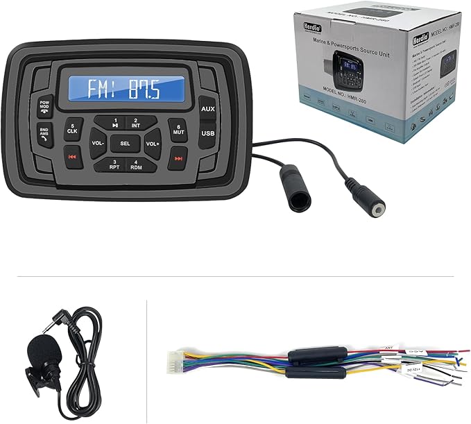 Marine Stereo Radio FM/AM USB for ATV UTV RZR XP900 Motorcycle Boat Golf Cart Truck SPA Powersports Car Vehicles Headunit Sound System Compatible with Bluetooth