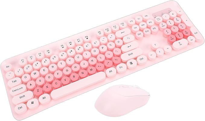 Wireless Keyboard and Mouse Combo, 2.4GHz Plug and Play with Retro Typewriter Style Round Keycaps, 104 Keys with Numeric Pad, for PC Laptop Desktop (Pink)