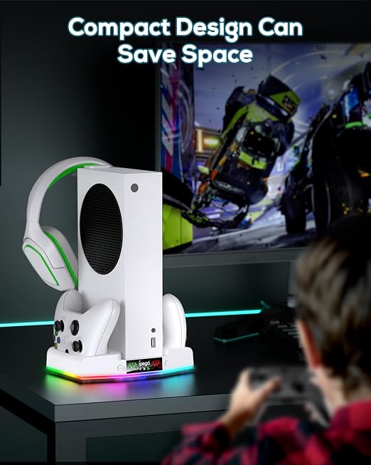 MENEEA Cooling Stand & Charging Station for Xbox Series S with 15 RGB LED Light Modes - Dual Controller Charger & Cooler Fan for Xbox Series S Accessories with 2*1400mAH Batteries and Headphone Hook