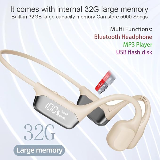AYI True Bone Conduction Swimming Headphones with Bluetooth 5.4 & MP3 Player Mode 32GB Built-in Memory IPX8 Waterproof Screen Display Pain-Free Open-Ear Earphone for Sport and Work-X10 White