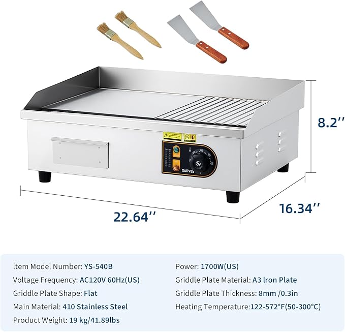 Garvee Commercial Half-Flat Top Griddle, 22in Stainless Steel Griddle Grill with 2 Shovels and 2 Brushes for Home or Restaurant, 1700W Commercial Griddle