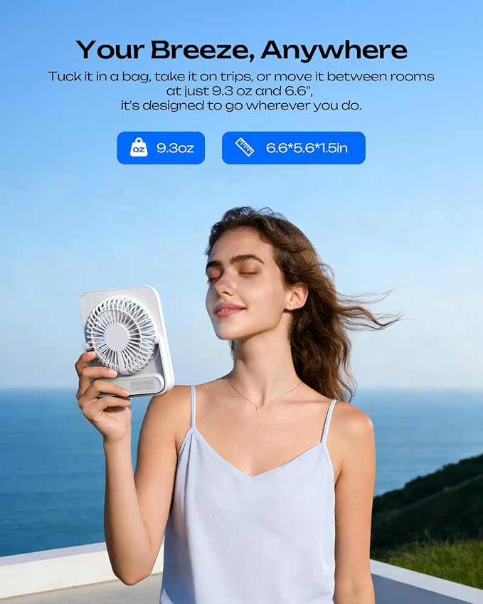 Otlonpe Portable Desk Fan 6.5 Inch, 4000mAh Rechargeable Battery Operated & USB Powered, 23Hrs Cordless Small Personal Fan 4-Speed Quiet for Office Travel Home Sleeping, Led Display, Foldable (White)
