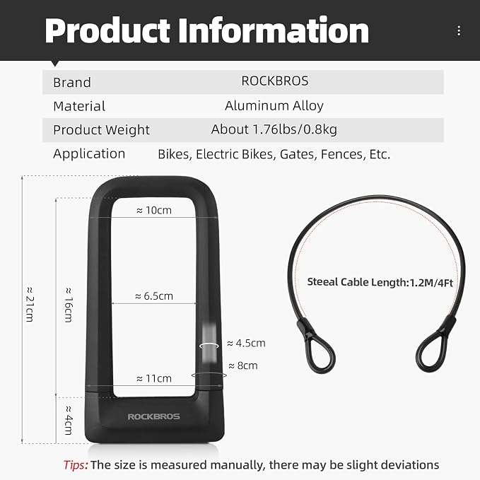 ROCKBROS Bike U Lock, Heavy Duty Anti Theft with Cable Silicone Cover (Max 22.5MM Bike U Lock+Keys+1.2M/4Ft Steel Cable+Mounting Bracket)