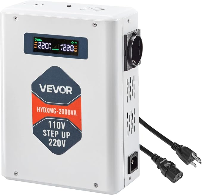 VEVOR Step Up Voltage Converter, 2000VA, Heavy Duty Voltage Power Converter, 110V to 220V Power Transformer, with 2 EU Outlets, USB Output, LCD Display, Temperature Protection, for 220V Appliances