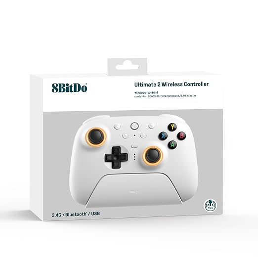 8BitDo Ultimate 2 Wireless Controller for Windows PC, Apple, Steam & Android, Gaming Controller with TMR Joysticks, Hall/Tactile Triggers, Motion Control, RGB Fire Ring, 1000Hz Polling Rate, White