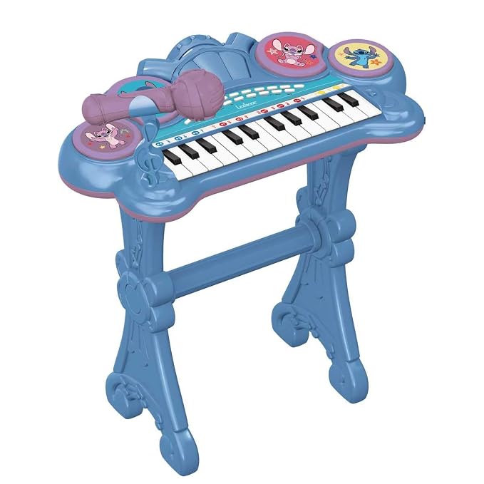 Lexibook, Stitch Electronic Keyboard with Seat and Microphone, 24 Light-Up Keys for Learning Music and Aux-in Cable, Blue, K707D
