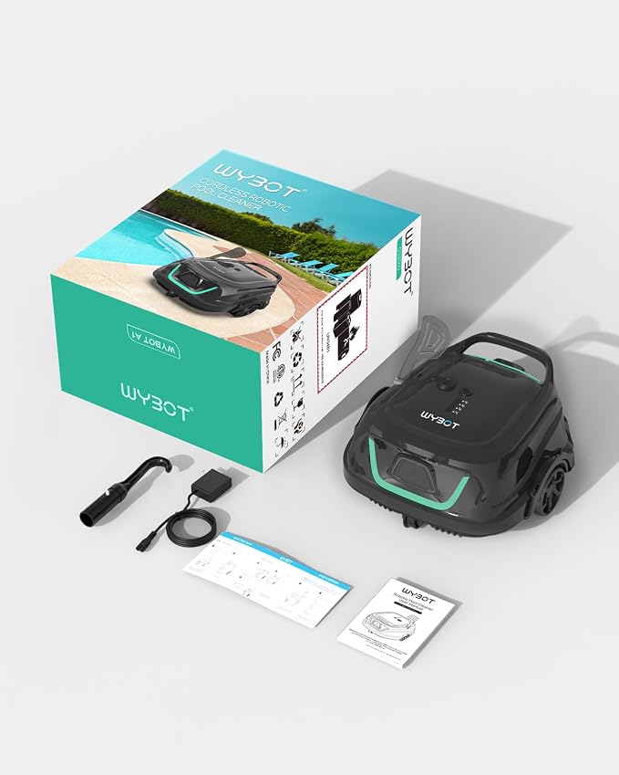 WYBOT A1 Robotic Pool Cleaner – Dual Layer Filtration, Strong Suction, 130 Mins Runtime, Robot Pool Vacuum for Above Ground & Flat Pools up to 1100 Sq. Ft., 4 Cleaning Modes (Jet Black Matte)