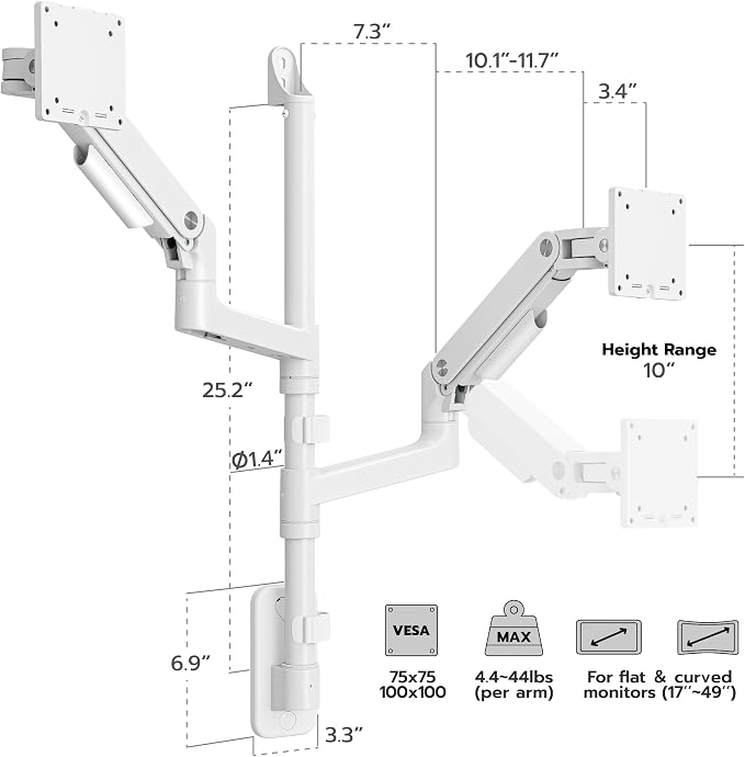 ARES WING Dual Monitor Wall Mount for 17-49 Inch Ultrawide Screens, Heavy Duty Wall Mount Monitor Arm Holds 44 lbs Each, Fully Adjustable Gas Spring Monitor Arm, 75x75/100x100 VESA Mount, White