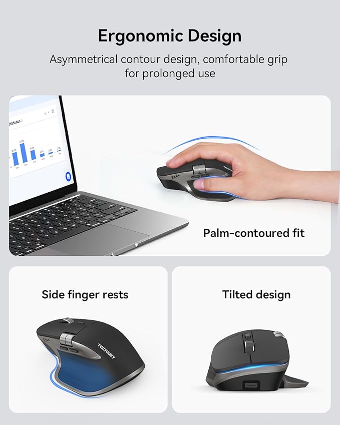 TECKNET Wireless Mouse, Bluetooth Mouse (BT5.3/5.0 & 2.4G) Rechargeable Ergonomic Optical Mouse with 6 Adjustable DPI, Side Scroll, Quiet Clicks, USB A Receiver, 7 Buttons, Wide Compatibility - Grey