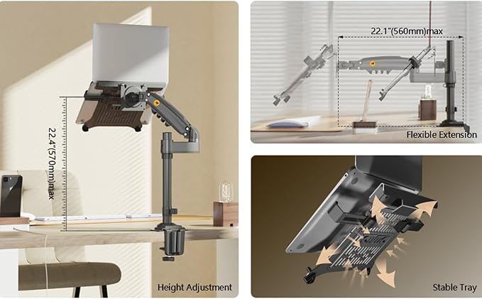 NB ERGONOMIC Laptop Mount with Adjustable Tray for 10-17” Notebook, Full Motion Arm with VESA Plate for 17-30” Monitor (Within 4.4~19.8lbs),Clamp-on Grommet Mounting H100-FP
