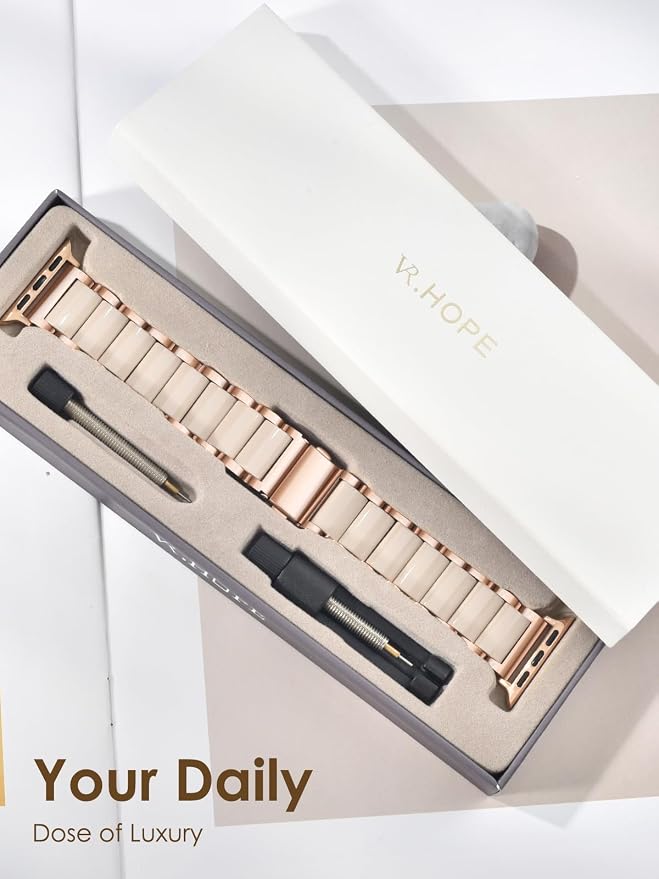 V.R.HOPE Apple Watch Band for Women 38mm 40mm 41mm 42mm Fashion Rose Gold Stainless Steel Metal Strap with Resin Inlay, Fashion Bracelet Compatible with iWatch Series 11/10/9/8/7/6/5/4/3/2/1/SE (Oatmeal+Rose Gold)