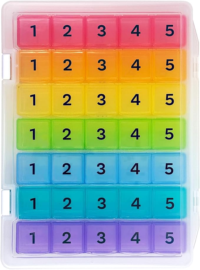 5 Times a Day Weekly Pill Box Organizer Case, Secure 7 Day Pillbox with Medication Schedule (5 Time-a-Day)