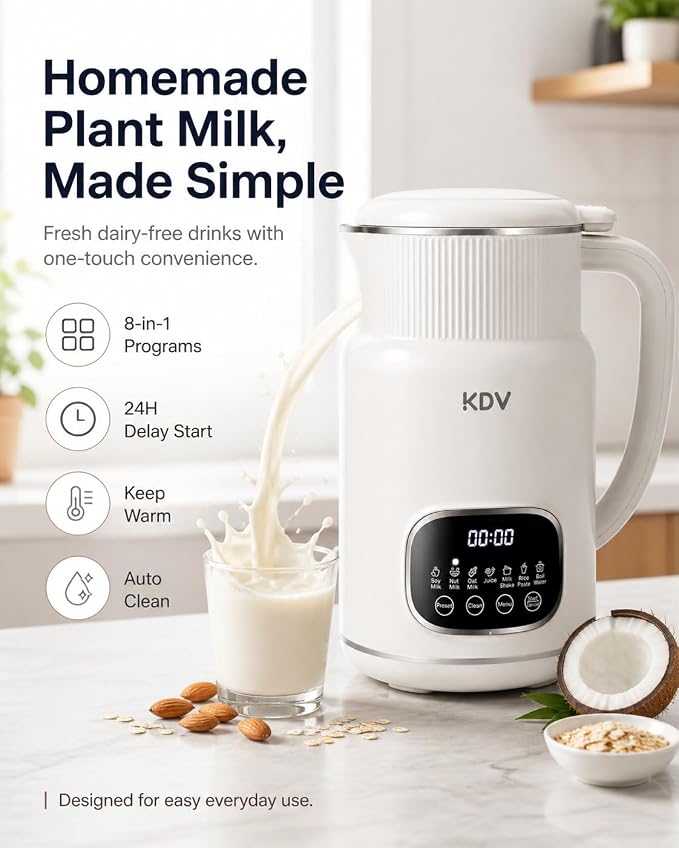 KDV Nut Milk Maker Machine, 8-in-1 Multifunction Soy Milk Maker with Stainless Steel, Homemade Soy, Almond, Oat, Coconut, Plant Based & Non-Dairy Beverages, 24H Delay Start, Keep Warm, Auto Clean