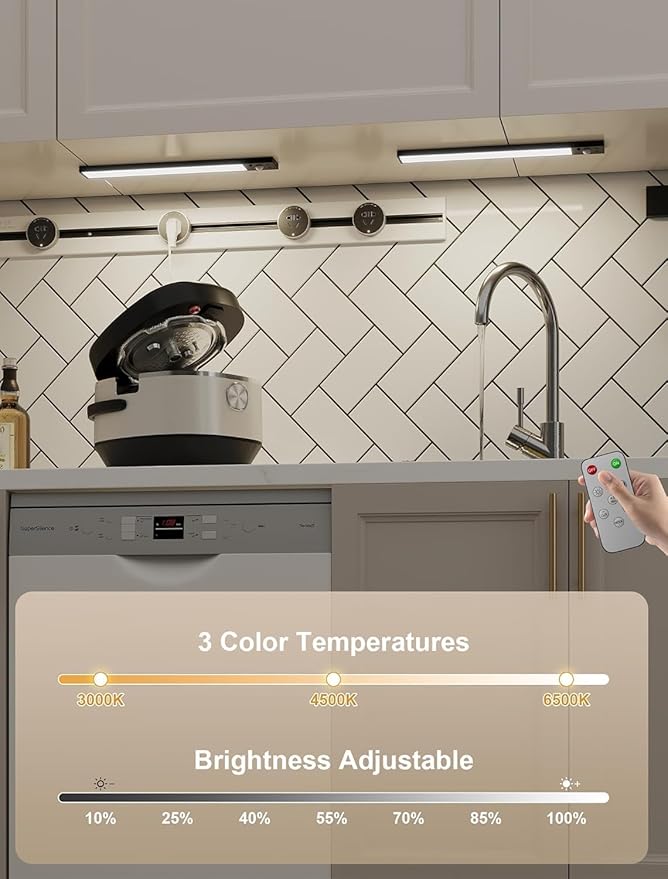 5Pack Under Cabinet Lighting wireless, 3000mAhunder cabinet lights rechargeable, 8inch Magnetic Closet Lights with Dimmable & 3 Color Temps, Cabinet lights with Remote under counter lights for kitchen