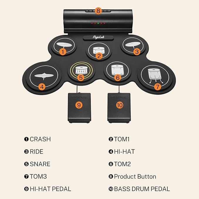 POGOLAB Electronic Drum Set, 7 Pads Roll Up Electric Drum Pad with Wireless Function, Portable Rechargeable Midi Drum Kit with Built-in Speaker/Pedals/Headphone Jack, Great Holiday Gift for Beginner