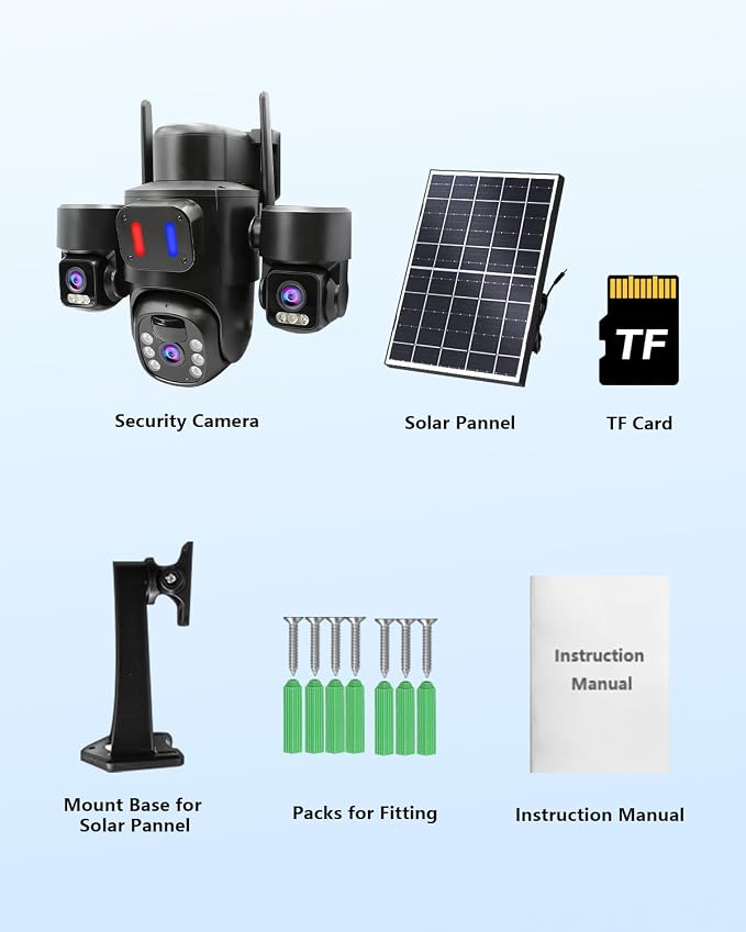 Triple-Lens Solar Security Camera Wireless for Outdoor Use | Triple-Lens Linkage PTZ 360º Coverage, Color Night Vision, PIR Motion Detection,Two-Way Audio, No Subscription Fee