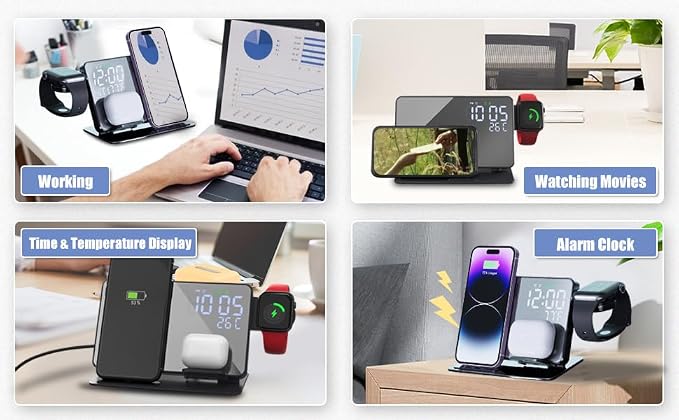 4-in-1 Wireless Charging Station for Apple Devices, 18W Fast Charge Wireless Charger Alarm Clock and Temperature Display, Wireless Charger Stand for iPhone 17 16 15 14 13 12, Apple Watch
