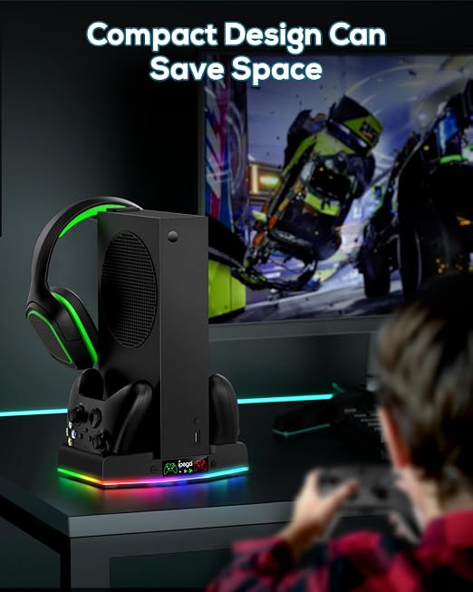 MENEEA Cooling Stand & Charging Station for Xbox Series S with 15 RGB LED Light Modes - Dual Controller Charger & Cooler Fan for Xbox Series S Accessories with 2*1400mAH Batteries and Headphone Hook