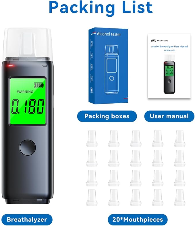 Breathalyzer,Portable Alcohol Tester with Digital LCD Display-Personal Breath Alcohol Detector for Home, Party & Safety-Includes 20 Mouthpieces-Easy to Use with Reliable Results