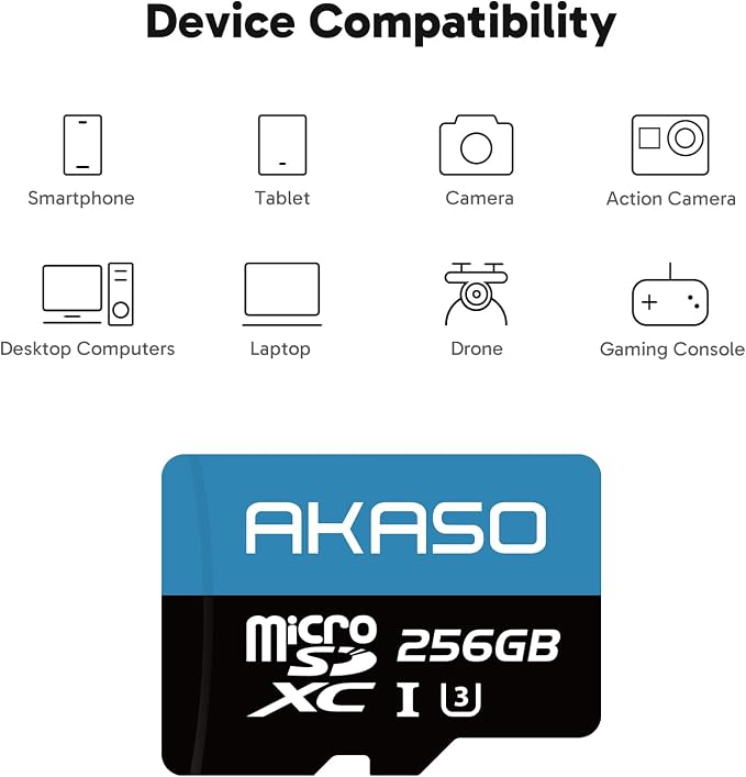 AKASO 256GB microSDXC U3 Memory Card - Up to 100MB/s, UHS-I C10, U3, Full HD, 4K UHD, MicroSD Card