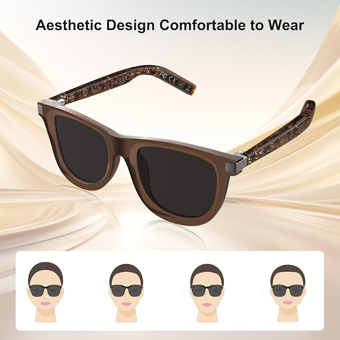 Smart Glasses for Men Women, Open-Ear Audio Bluetooth Glasses, Auto On/Off Sensor, Built-in Mic & Speakers, Voice Assistant, UV Protection Polarized Smart Sunglasses for Outdoor - Brown