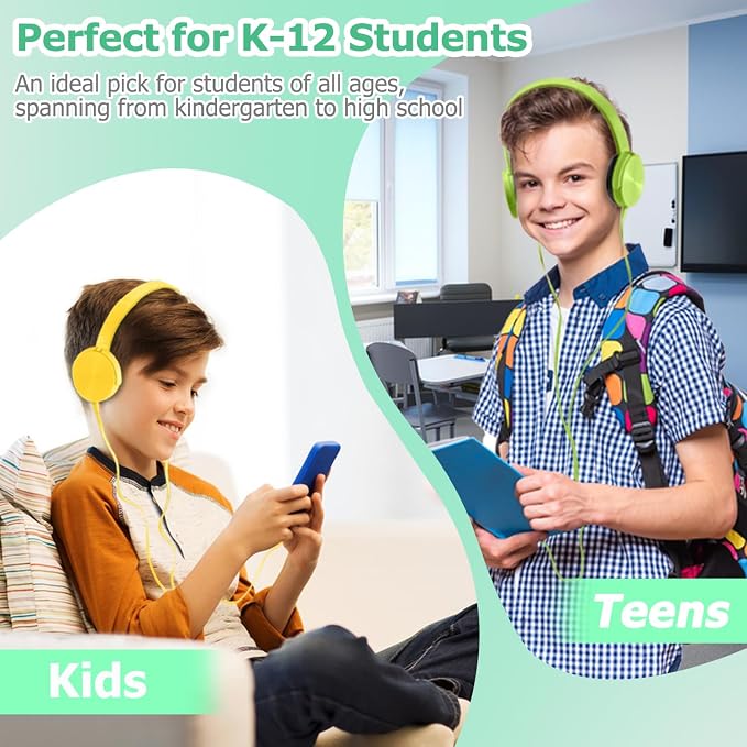 2 Pack Kids Headphones for School Classroom K-12, Swivel Foldable, HD Stereo, 3.5mm Jack Wired Headphone for Kids Children Student (Blue+Pink)