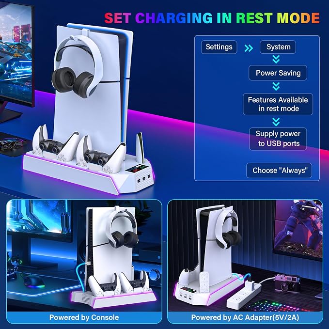 PS5 / PS5 Slim Cooling Station with Controller Charging Station - LED Light Cooling Stand for Playstation 5 Slim Disc/Digital Console, Accessories Incl RGB Light/Cooler Fan/3 USB Hubs/Headset Holder