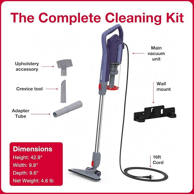 Koblenz Scorpio Stick Vacuum Cleaner, 3-in-1 Cyclonic, Bagless HEPA Filtration, 600W Motor, 59 oz Dust Cup, Corded Stick Vacuum, Lightweight 5 lbs, Pet Hair, Wall Mount, All Surfaces, Blue, SVK-165