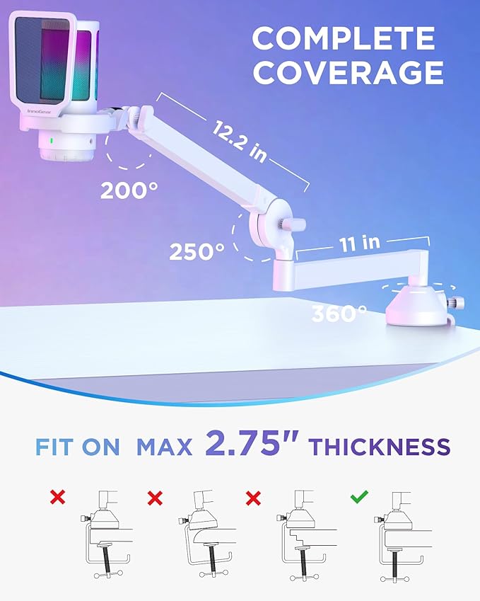 InnoGear USB Gaming Microphone Set, Noise Cancellation Condenser Mic with Boom Arm RGB Mute Headphones Jack for Streaming Podcasting Recording Vocal PC Computer YouTube Discord PS4 PS5, White