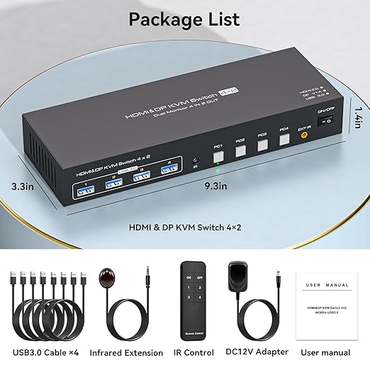 KVM Switch 4 Computers 2 Monitors HDMI and Displayport 4K60Hz 4 Port KVM Switch for 4 PCs to Share Dual Monitors and 4 USB 3.0 Peripherals Support for Copy/Extend Modes with Controller