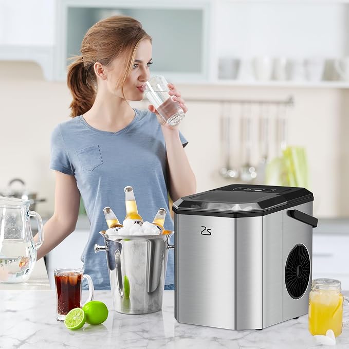 Countertop Ice Maker 26Lbs/24Hours Portable Small Ice Machine Stainless Steel Bullet Ice Machine with Scoop, Low Noise, Compact, Self-Cleaning Mini Ice Maker for Kitchen Office Camping Party