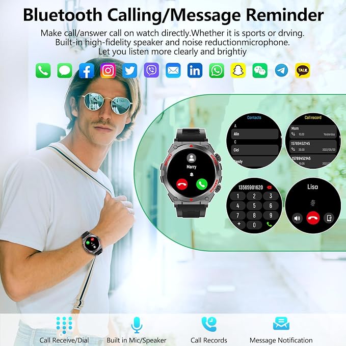 Military Smart Watch,1.52-Inch Smartwatch with Text and Call,24/7Heart Rate Sleep Monitor,Blood Oxygen,and Activity Trackers-Compatible with iPhone and Android,for Men and Women (Black up, 1.52)