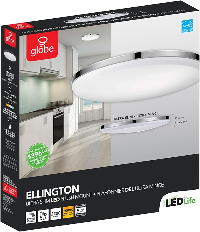 Globe Electric 65584 14" Integrated LED Flush Mount Ceiling Light, Chrome Finish, Frosted Shade, Slim Low Profile, 2200 Lumens, 3000K Warm White, Energy Star Certified