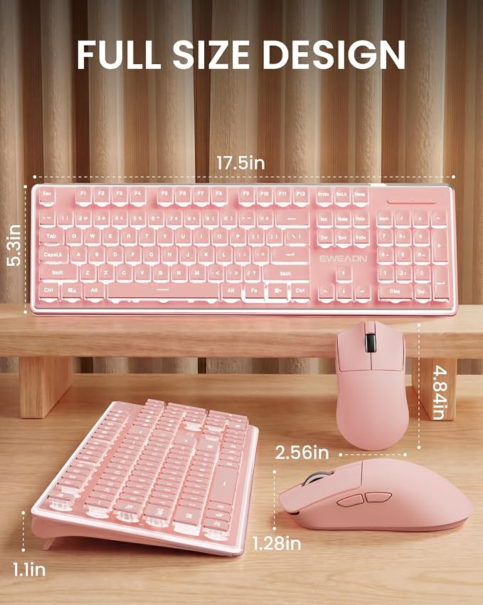 Wireless Keyboard and Mouse Combo with White Backlit Pudding Keycaps, Bluetooth & 2.4G, 2000mAh Rechargeable, Full Size, Metal Panel Quiet Computer Keyboard Set for Windows PC Desktop - Pink