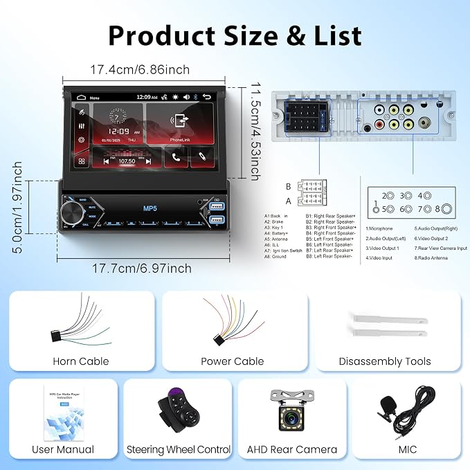 Single Din Flip Out IPS Touchscreen Car Stereo, 7inch Car Stereo with Bluetooth Car Audio Receivers, Backup Camera, FM Radio/Mirror Link/USB/AUX/TF/Type-C Fast Charging