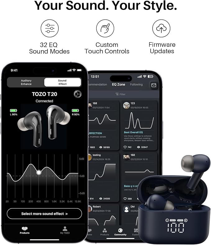 TOZO T20 Wireless Earbuds, Bluetooth 5.3 Headphones with 97H Playtime, IPX8 Waterproof, Dual Mic ENC Call Noise Cancelling, Deep Bass Sound, LED Display, Wireless Charging Case