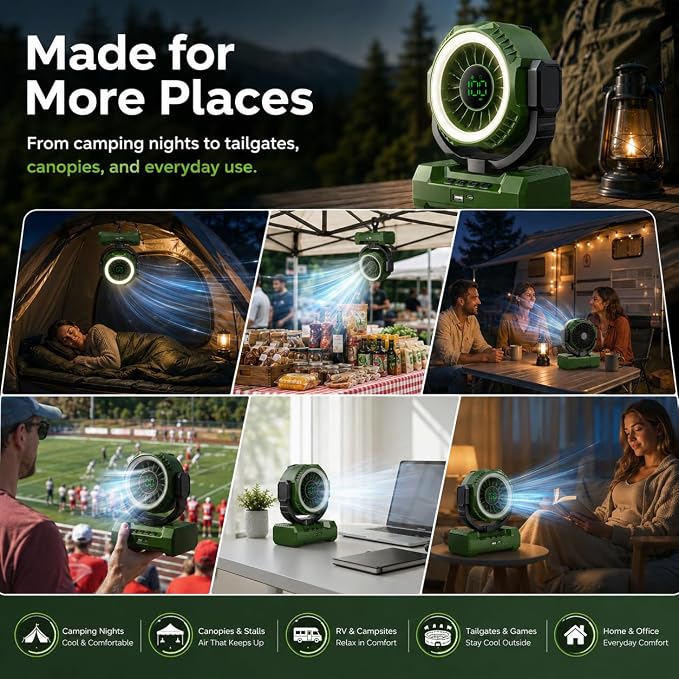 3-in-1 Portable Camping Fan, Auto-Oscillating 20000mAh Rechargeable Fan with Light, 1-100 Speed, 12H Timer, Display, Cordless Battery Powered Fan for Indoor, Outdoor, Travel, Fishing, Tent, Bedroom